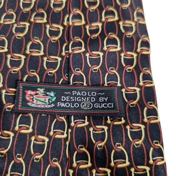 PAOLO GUCCI Silk Tie Equestrian‎ Bit Pattern Black Gold Red Designer Mens